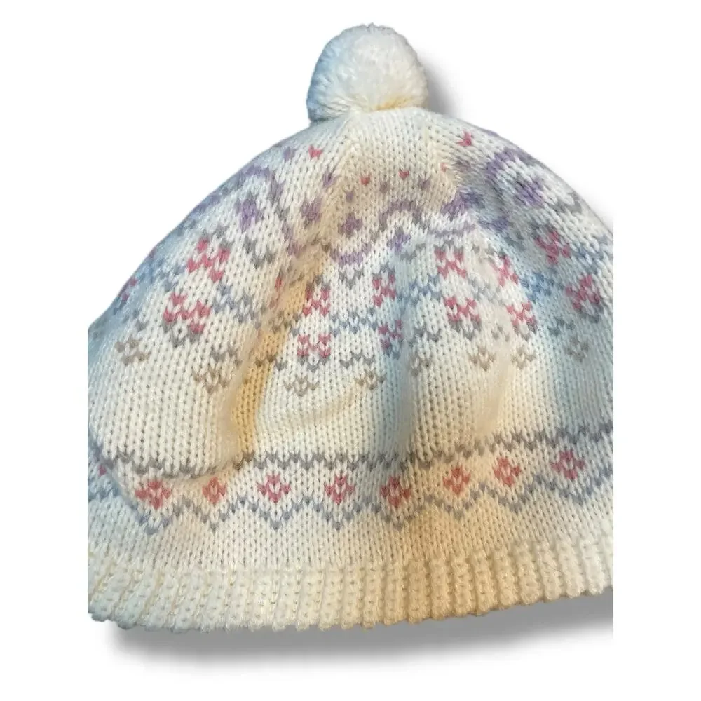 Hansen Vintage Knit Beanie Made in USA Pom Hat Ski Snow Pastel Blue Purple Gift